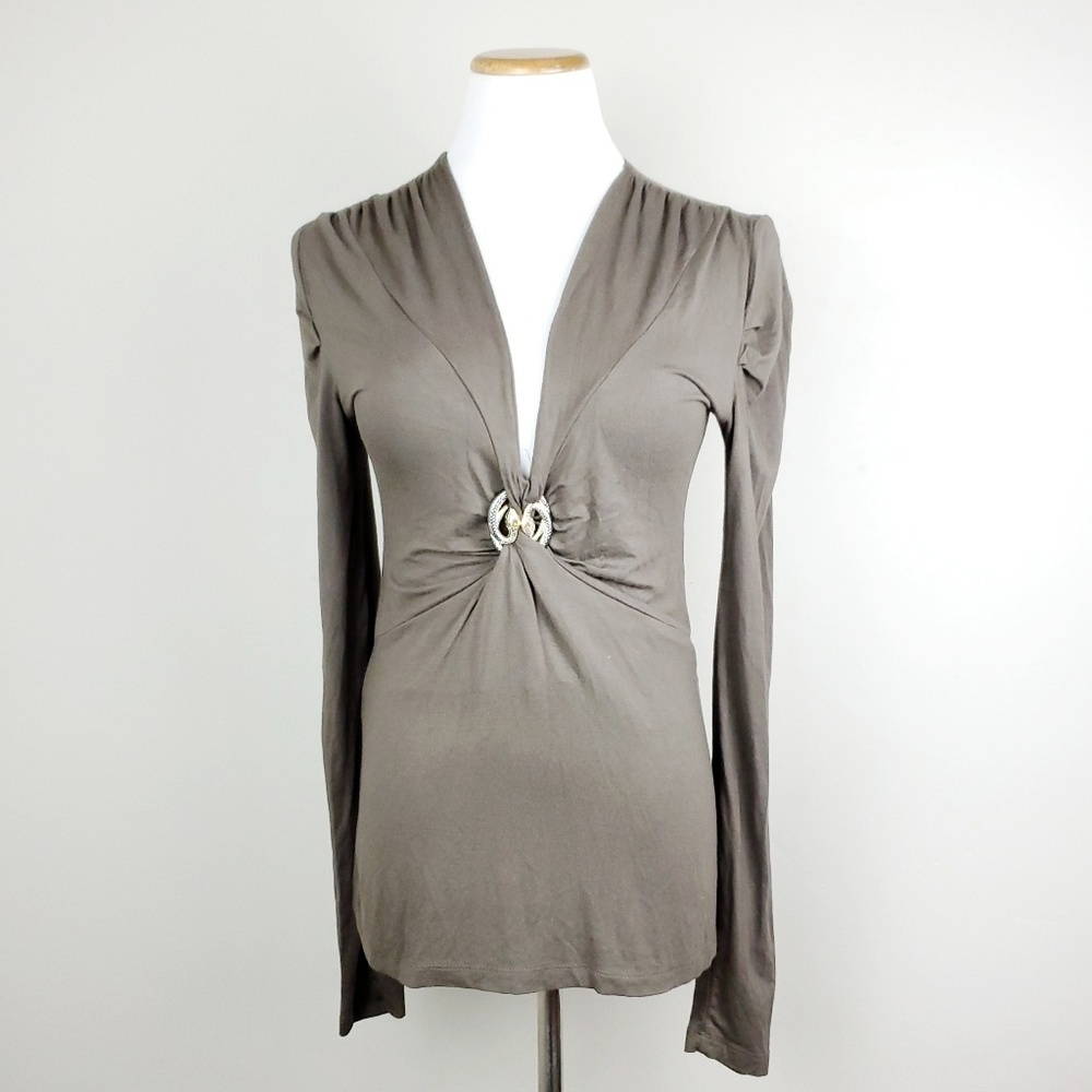 Vertigo Paris Deep V-Neck Brown Top with Snake Brooch - Size Large